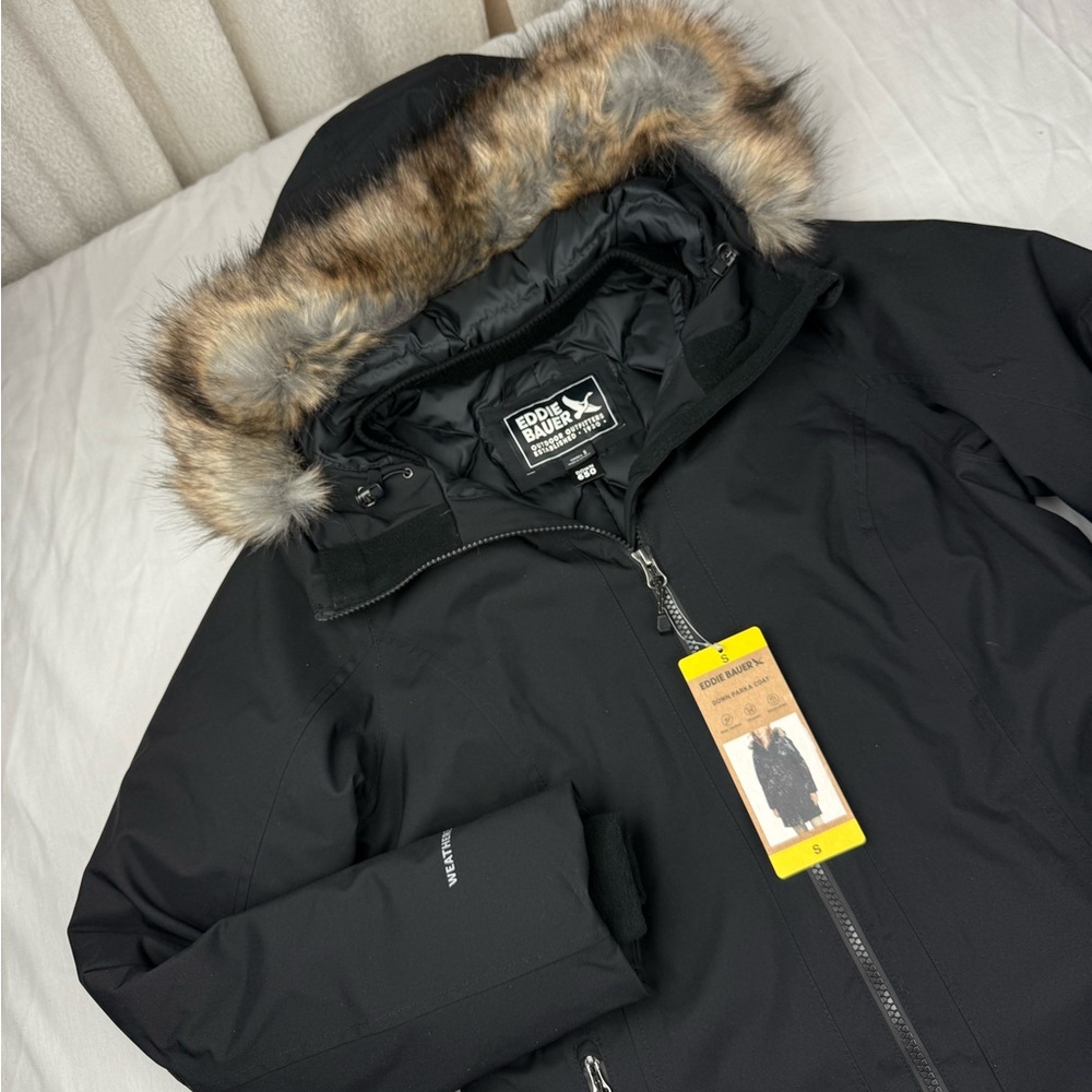 Eddie Bauer Women's Black Down Parka Ski Jacket‎ with Fur Hood NEW - Picture 2 of 9